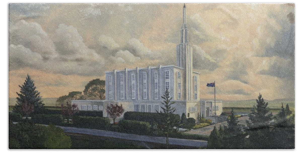 Lds Beach Sheet featuring the painting Hamilton New Zealand Temple by Jeff Brimley