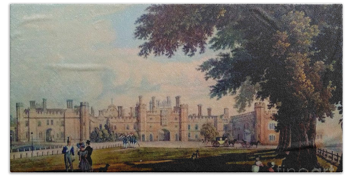 England Beach Towel featuring the painting Hampton Court Palace England Lithograph 1827 by Michael Hoard