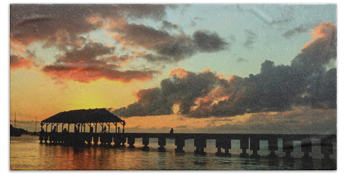 Hanalei Pier Beach Towel featuring the photograph Hanalei Pier Sunset Panorama by James Eddy