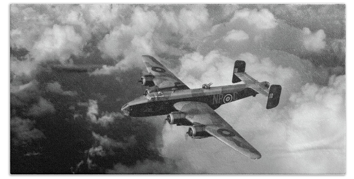 Handley Page Halifax Beach Towel featuring the photograph Handley Page Halifax B III above clouds BW version by Gary Eason