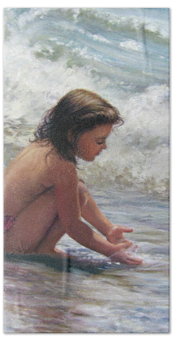 Child In Surf Beach Towel featuring the painting Hands in the Sea by Marie Witte