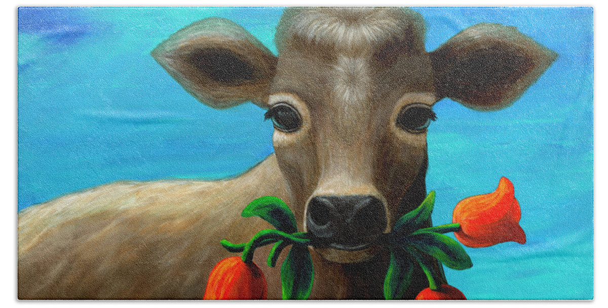 Rebecca Beach Towel featuring the painting Happy Cow by Rebecca Parker