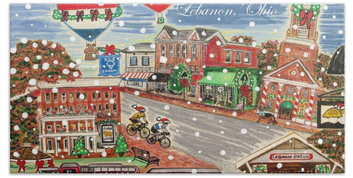 Small Town America Beach Towel featuring the painting Happy Holidays from Lebanon, Ohio by Diane Pape