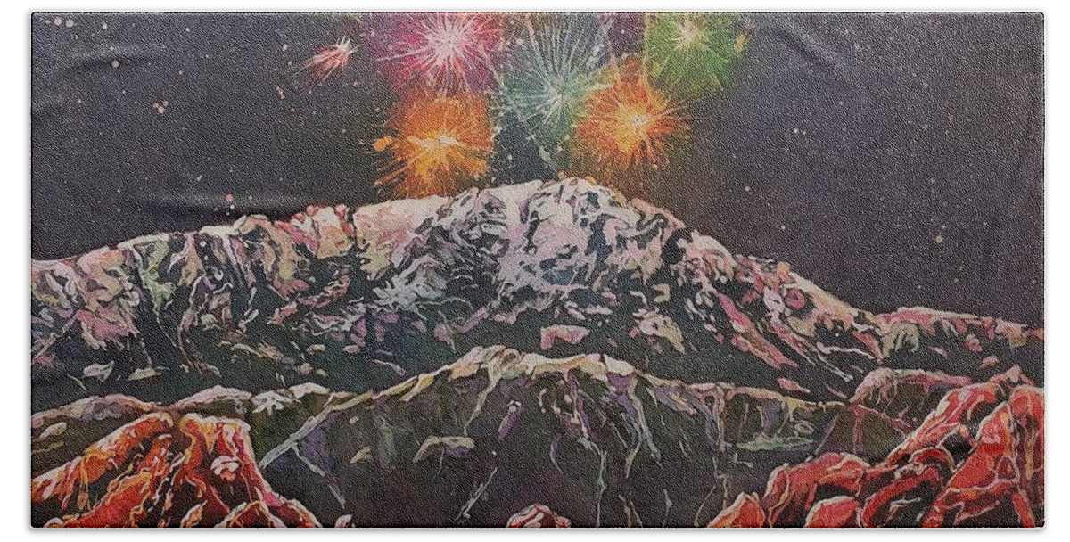 Fireworks Beach Towel featuring the mixed media Happy New Year From America's Mountain by Carol Losinski Naylor