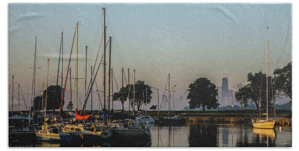 Sailboat Beach Towel featuring the photograph Harbor and Chicago Skyline by Sven Brogren