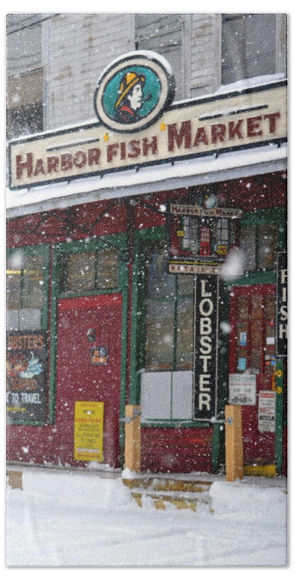 Snow Beach Towel featuring the photograph Harbor Fish Market by Colleen Phaedra