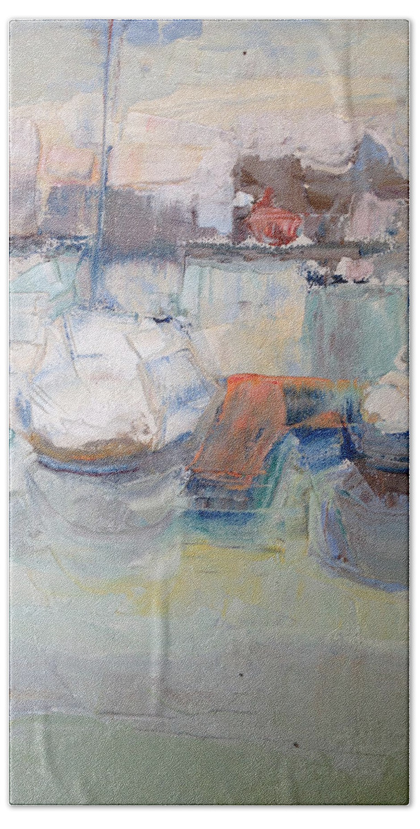 Harbor Beach Towel featuring the painting Harbor Sailboats by Suzanne Giuriati Cerny
