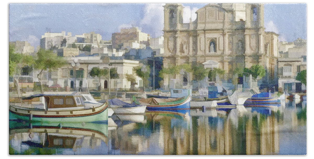 Landscape Beach Towel featuring the painting Harborside Msida Malta by Dean Wittle