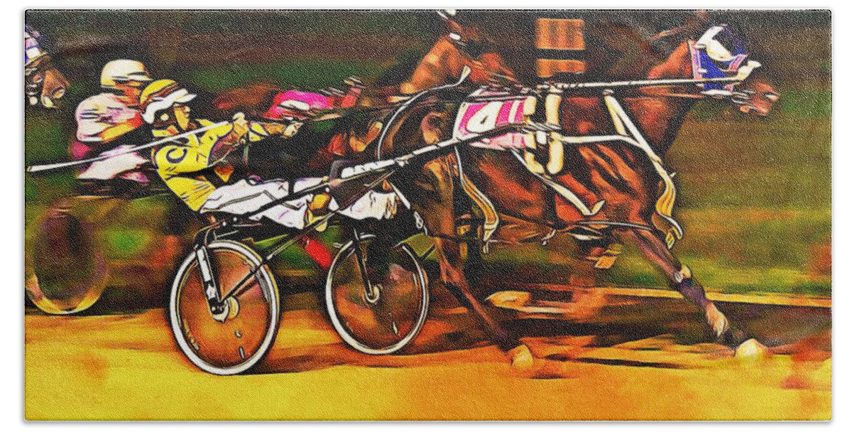 Harness Racing Beach Towel featuring the mixed media Harness Race #2 by Tatiana Travelways