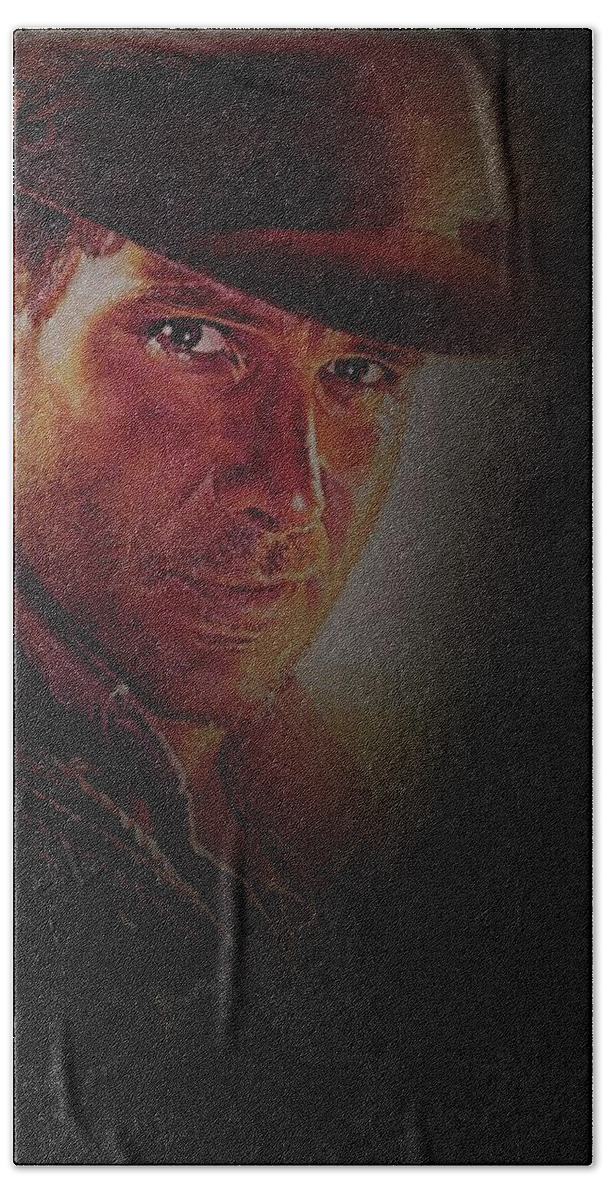 Harrison Ford Beach Towel featuring the mixed media Harrison Ford As Indiana Jones by David Dehner