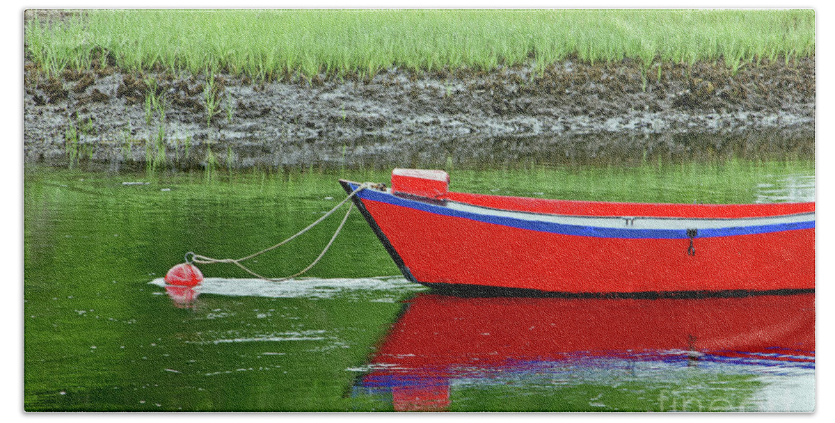 Red Rowboat Beach Sheet featuring the photograph Harwich Rowboat by Jim Gillen