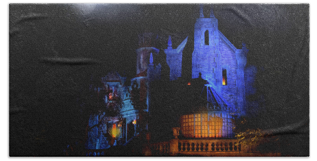 Haunted Mansion Night Beach Towel featuring the photograph Haunted Mansion at Walt Disney World Poster Version by Mark Andrew Thomas