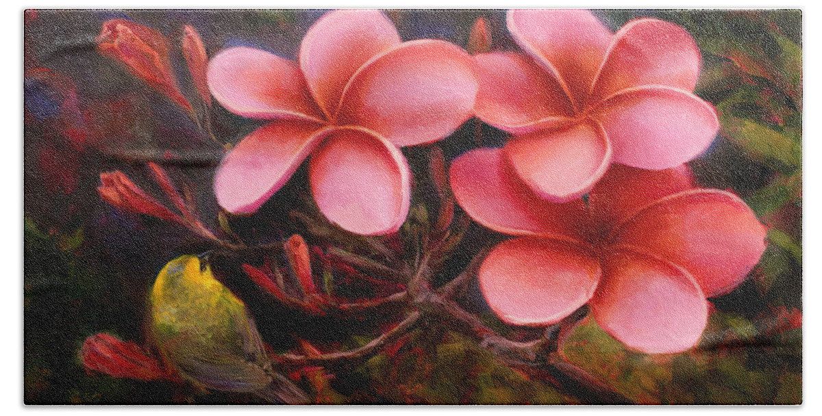 Pua Melia Beach Sheet featuring the painting Hawaiian Pink Plumeria and Amakihi Bird by K Whitworth