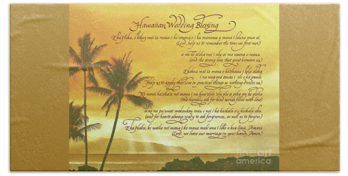 Hawaiian Wedding Beach Towel featuring the digital art Hawaiian Wedding Blessing-Sunset by Jacqueline Shuler
