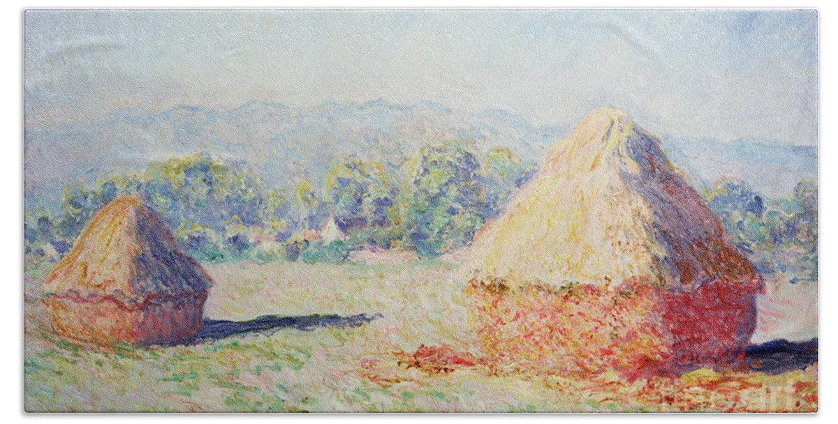 Haystacks Beach Towel featuring the painting Haystacks in the Sun by Claude Monet