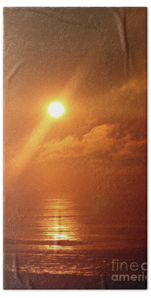 Sunrise Beach Towel featuring the photograph Hazy Orange Sunrise On The Jersey Shore by Jeff Breiman
