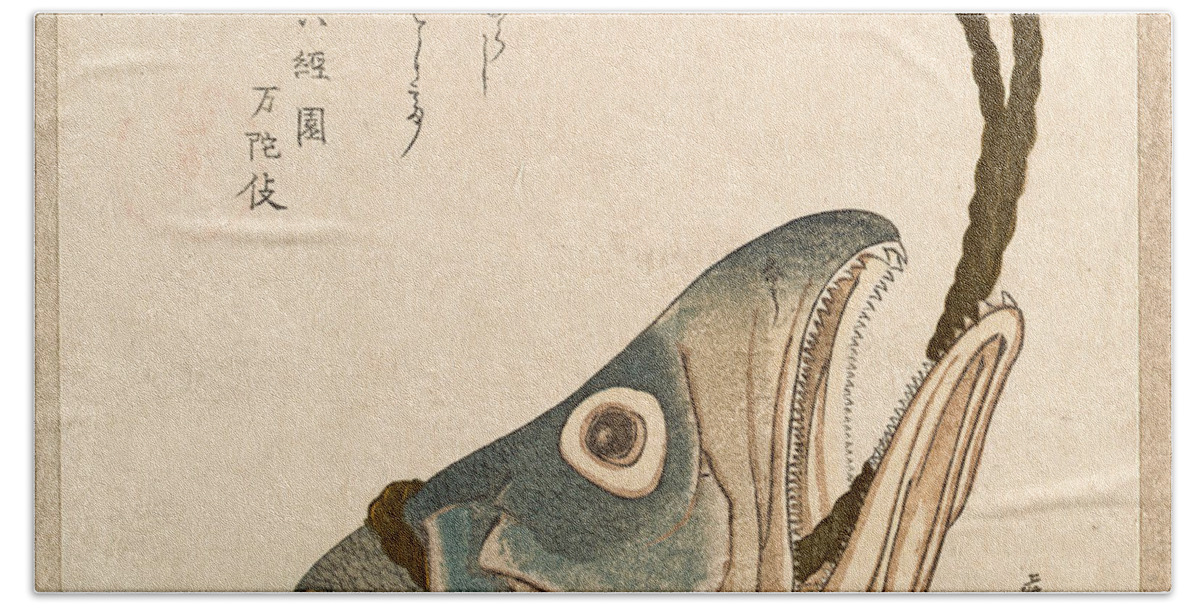 Totoya Hokkei Beach Towel featuring the drawing Head of a Salmon by Totoya Hokkei