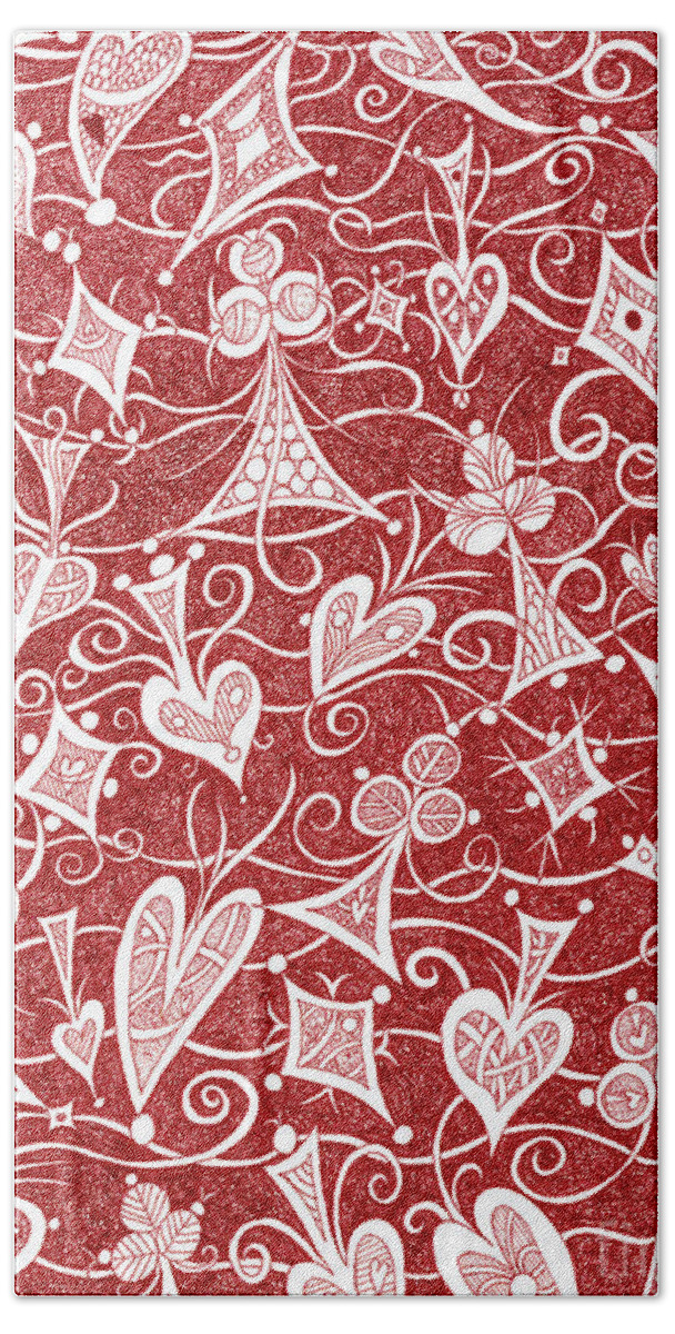 Lise Winne Beach Sheet featuring the drawing Hearts, Spades, Diamonds And Clubs In Red by Lise Winne