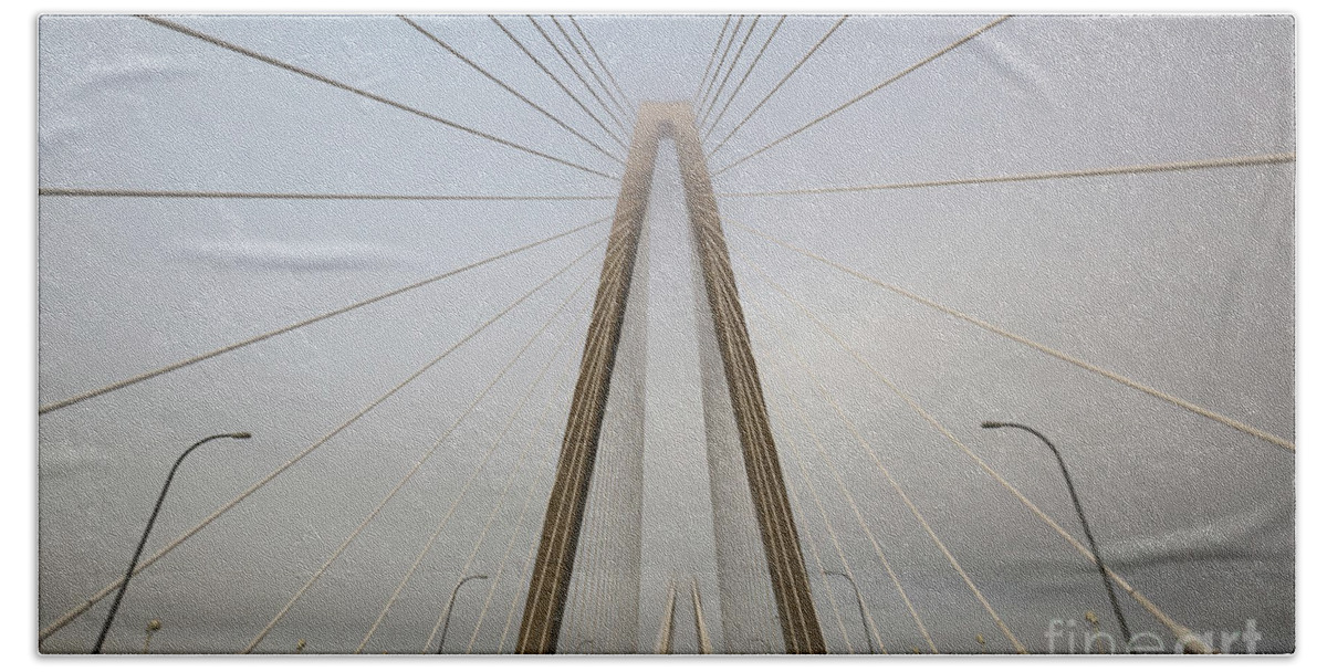 Fog Beach Towel featuring the photograph Heavy Fog at Arthur Ravenel Jr Bridge by Robert Loe