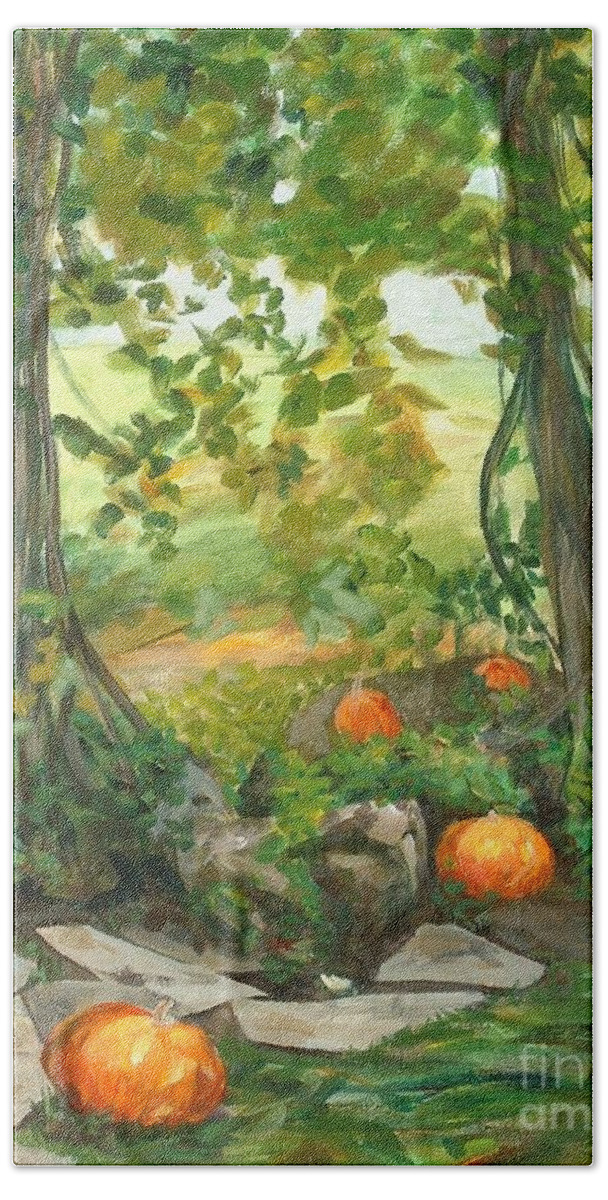 Tree Beach Towel featuring the painting Heidi's Pumpkins by Claire Gagnon