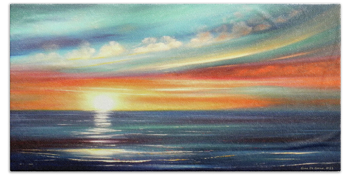 Brown Beach Towel featuring the painting Here It Goes - Panoramic Sunset by Gina De Gorna