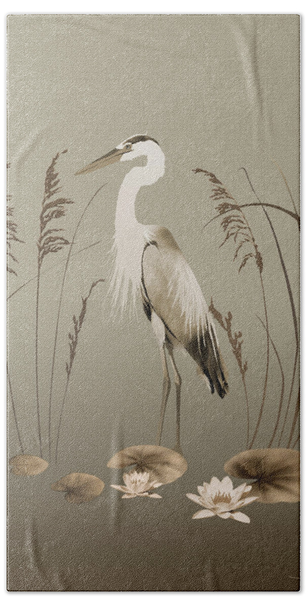 Bird Beach Towel featuring the digital art Heron And Lotus Flowers by M Spadecaller