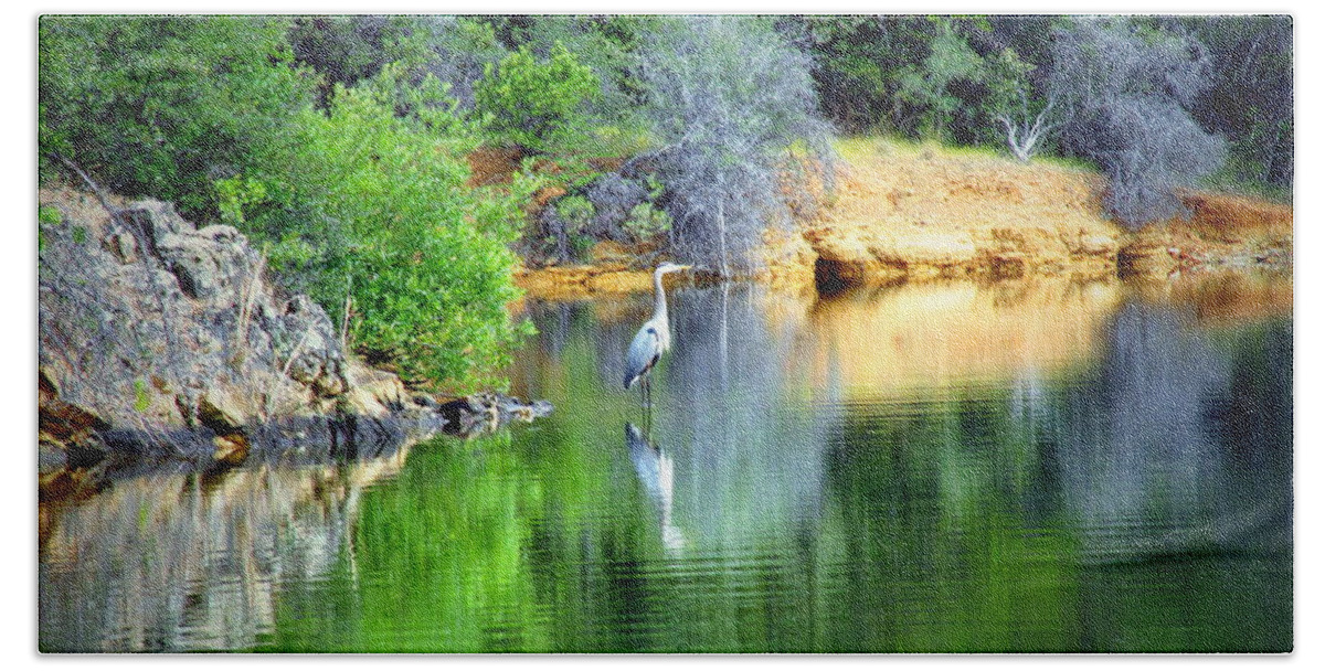 Whiskey-creek Beach Towel featuring the photograph Heron On Whiskey Creek by Joyce Dickens