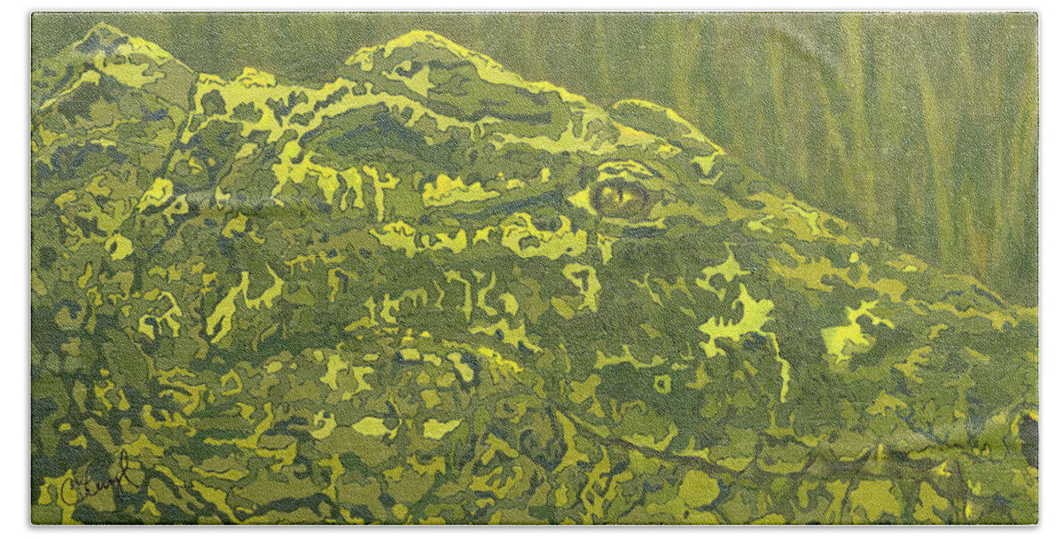 Crocodile Beach Towel featuring the painting Hidden Danger by Cheryl Bowman