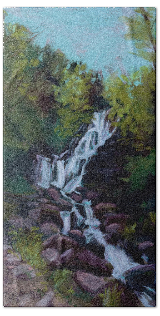 Falls Beach Towel featuring the painting Hidden Falls by Mary Benke