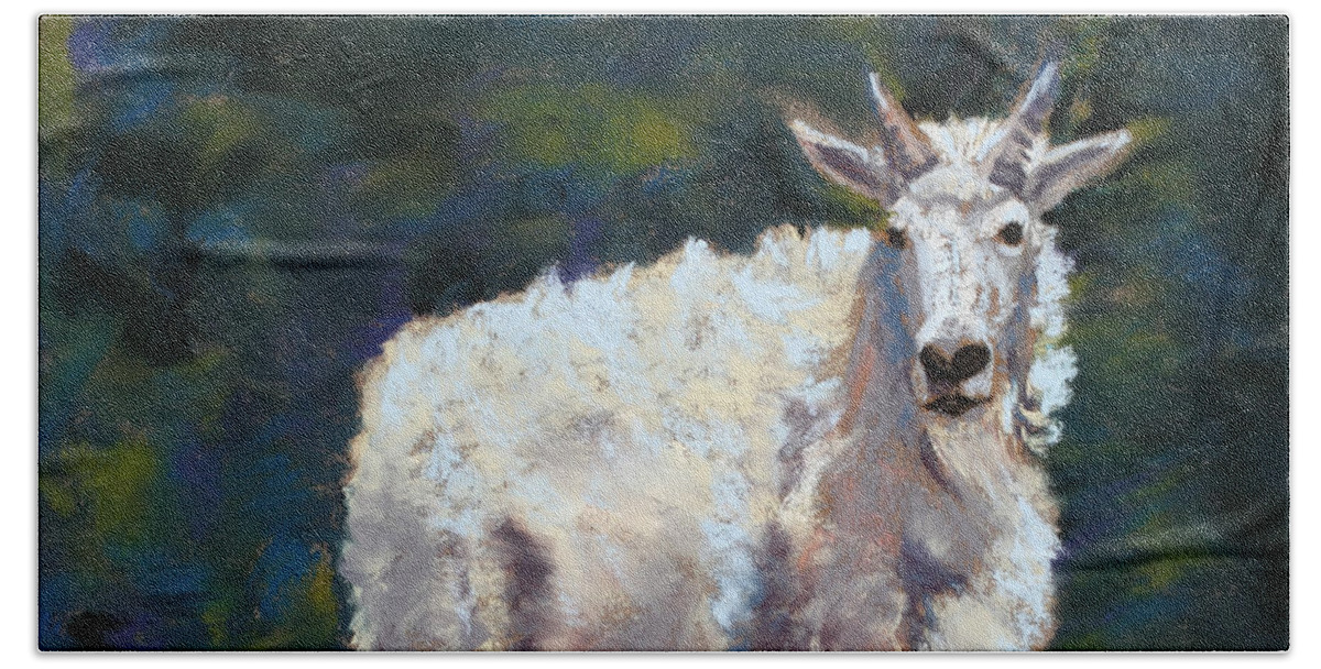 Mountain Goat Beach Sheet featuring the painting High Country Friend by Mary Benke