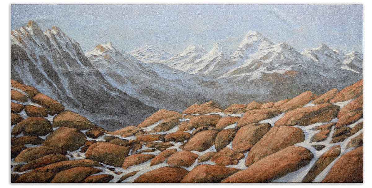 High Sierra Nevada Mountains Beach Towel featuring the painting High Sierra Nevada Mountains by Frank Wilson