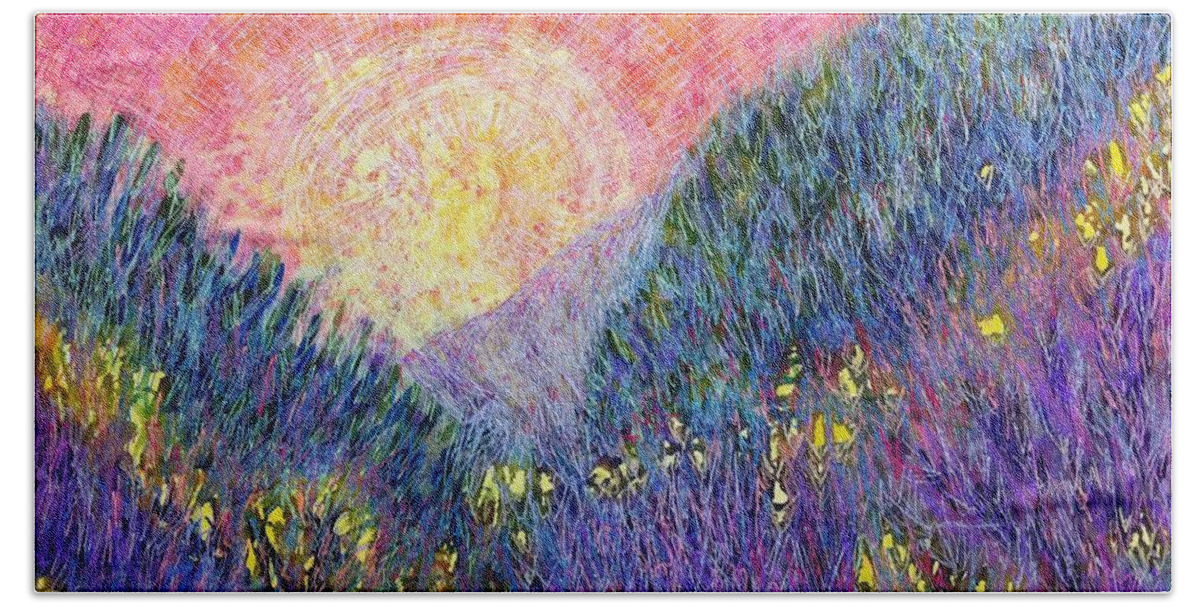 Beach Towel featuring the mixed media Hills of Purple Heather by Polly Castor
