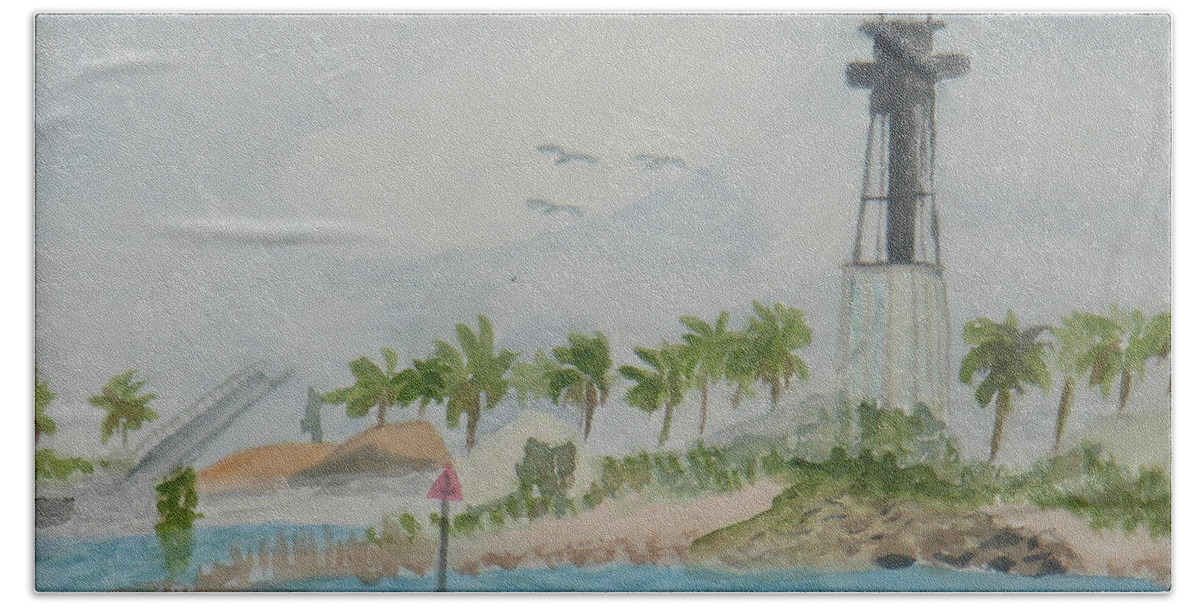 Hillsborough Lighthouse Beach Towel featuring the painting Hillsborough Lighthouse by Donna Walsh
