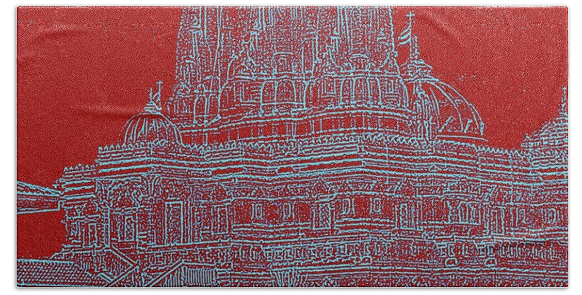 Red Beach Towel featuring the digital art Hindu Temple I by Lessandra Grimley