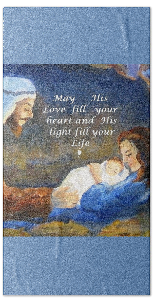 Baby Jesus Beach Towel featuring the painting His Love And Light by Maria Hunt