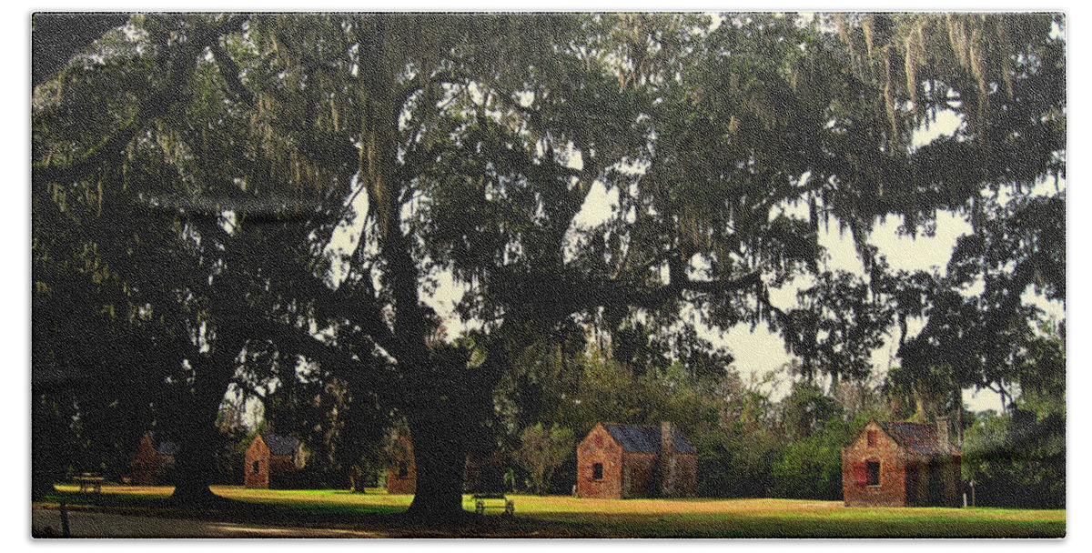 American History Beach Sheet featuring the photograph Historic Slave Houses at Boone Hall Plantation in SC by Susanne Van Hulst