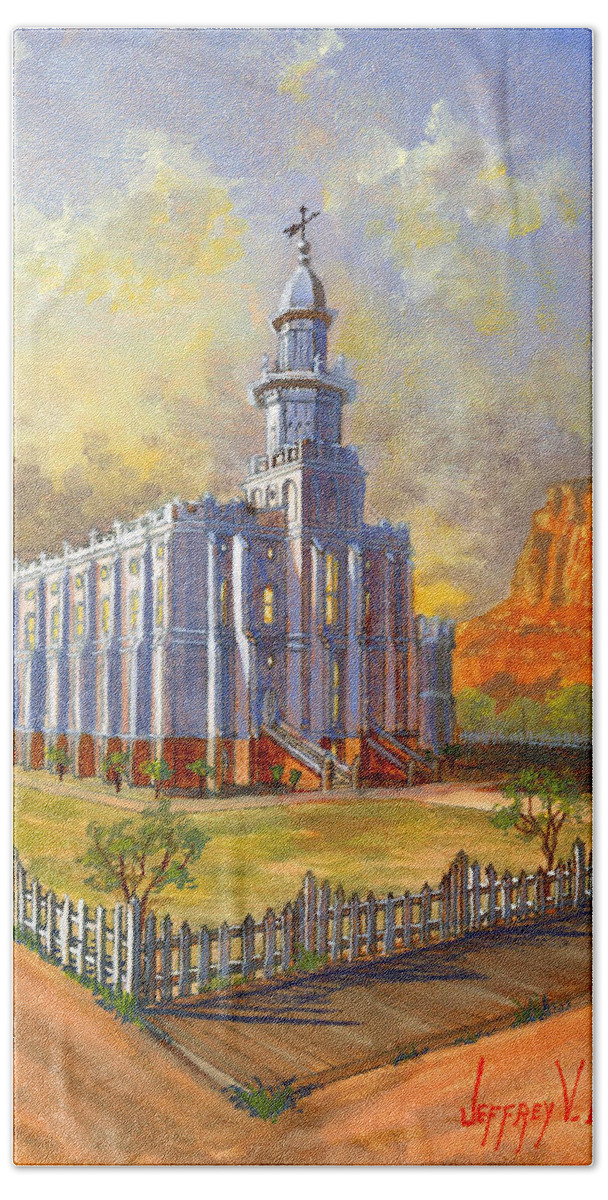 St. George Temple Beach Towel featuring the painting Historic St. George Temple by Jeff Brimley