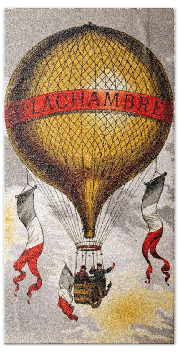H.lachambre Beach Towel featuring the mixed media H.Lachambre - Two Men Flying in a Hot Air Balloon - Retro travel Poster - Vintage Poster by Studio Grafiikka