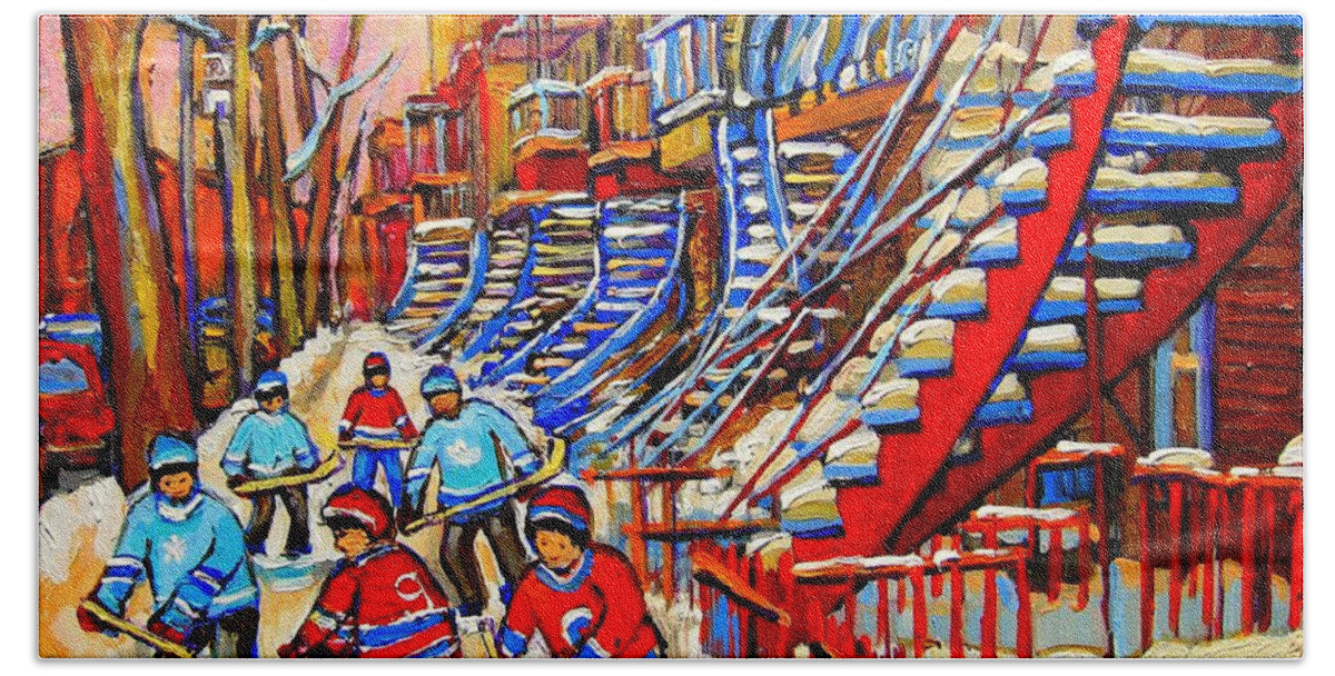 Montreal City Beach Sheet featuring the painting Hockey Game Near The Red Staircase by Carole Spandau