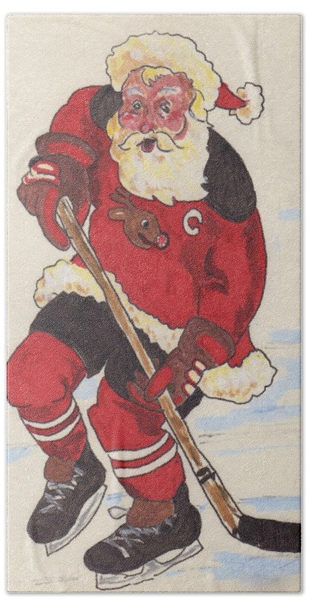 Santa Beach Towel featuring the painting Hockey Santa by Todd Peterson