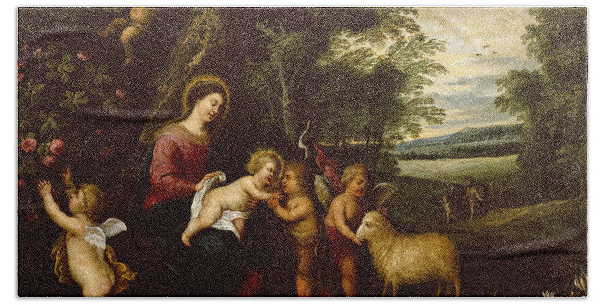 Pieter Van Avont Beach Towel featuring the painting Holy Family Departing for Egypt by Pieter van Avont