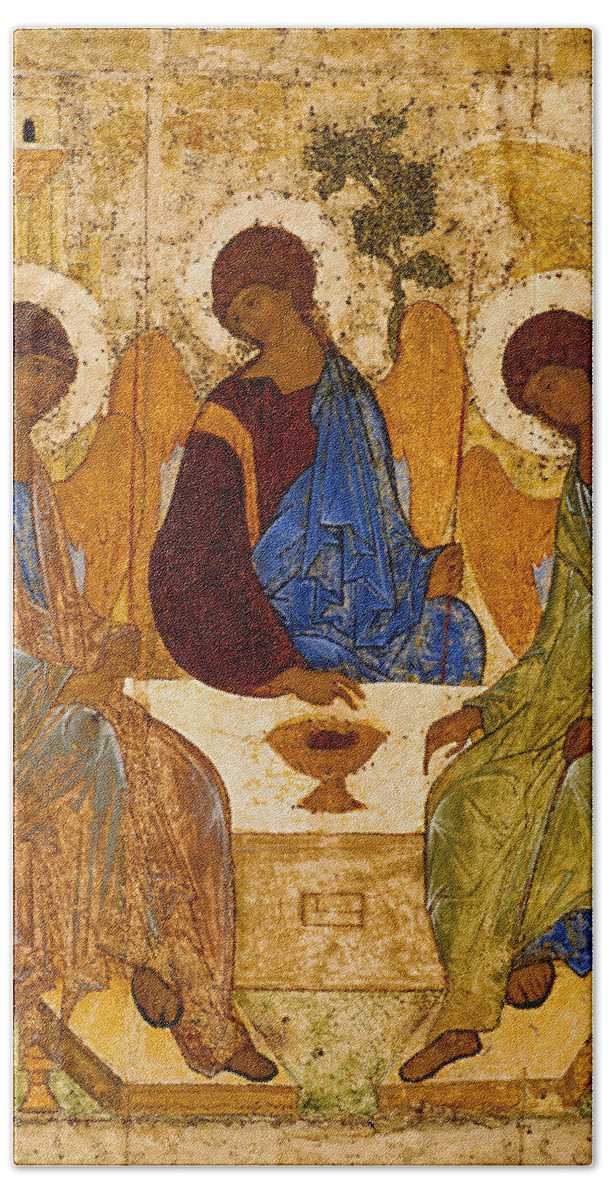 Andrei Rublev Beach Towel featuring the painting Holy Trinity. Troitsa by Andrei Rublev