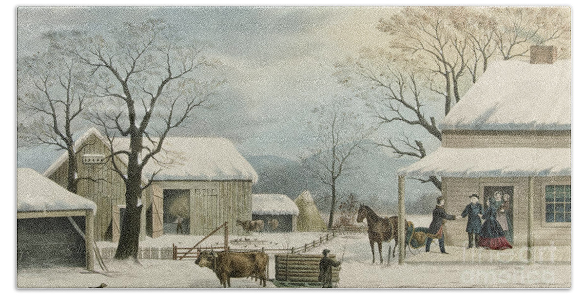 Home To Thanksgiving Beach Towel featuring the painting Home to Home to Thanksgiving, 1867 by Currier and Ives