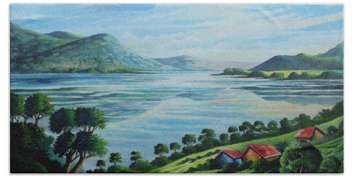 Forest Beach Towel featuring the painting Homes by the Lake by Anthony Mwangi