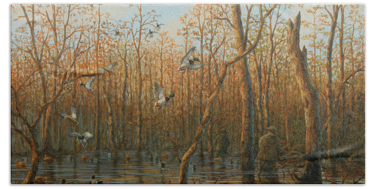Mallards Beach Towel featuring the painting Honey Hole by Guy Crittenden