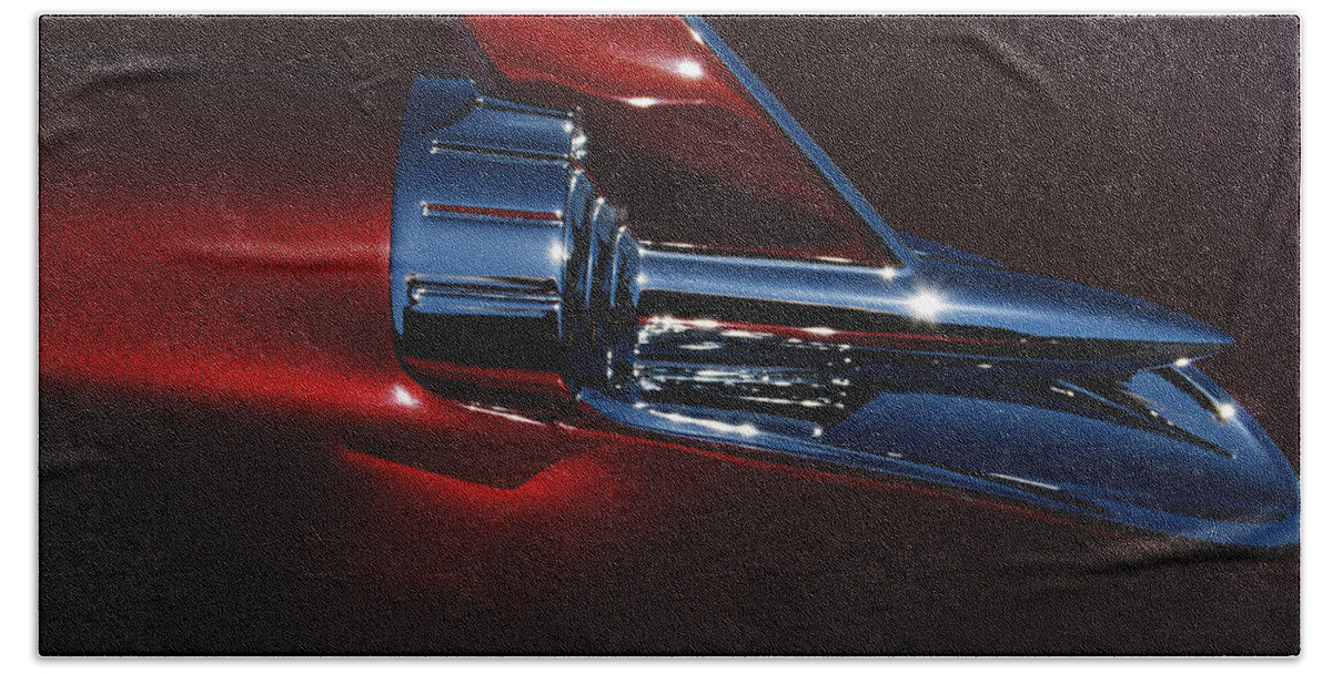 1957 Chevy Hood Rocket Beach Towel featuring the photograph 1957 Chevy Belair Hood Rocket Abstract by Jani Freimann