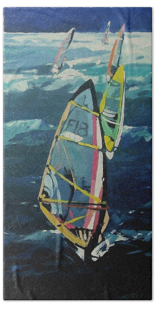 Windsurfing Sport Water Sport Maui-hawaii Beach Sheet featuring the painting Ho'okipa Surf by Andrew Drozdowicz
