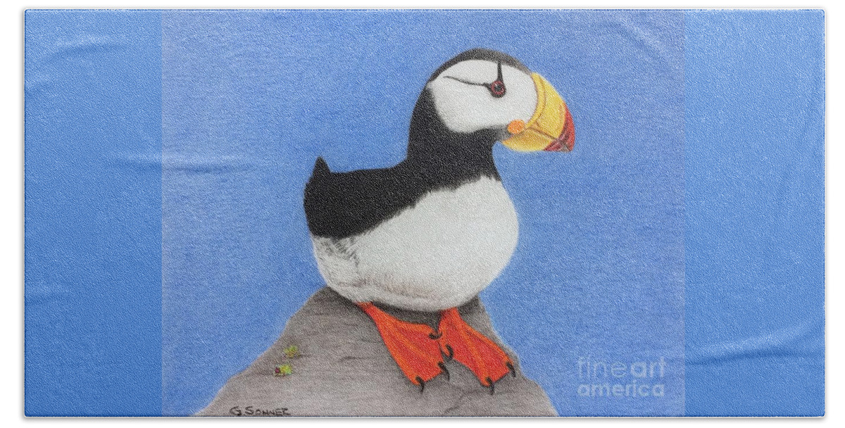 Puffin Beach Towel featuring the drawing Horned Puffin by George Sonner