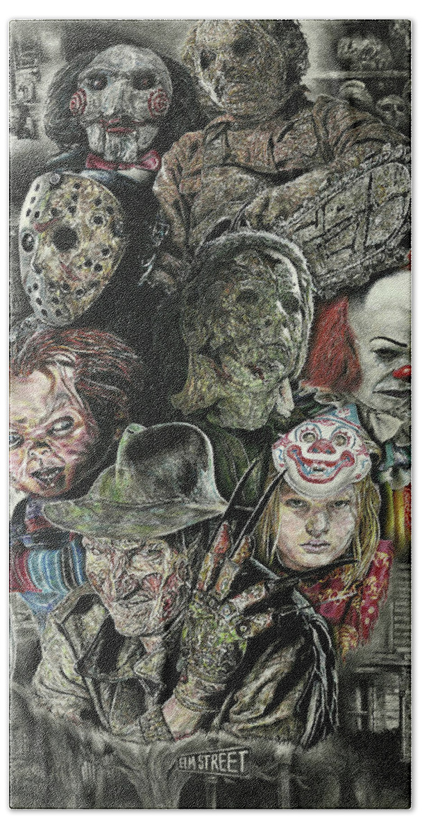 Fear Beach Towel featuring the drawing Horror Movie Murderers by Daniel Ayala