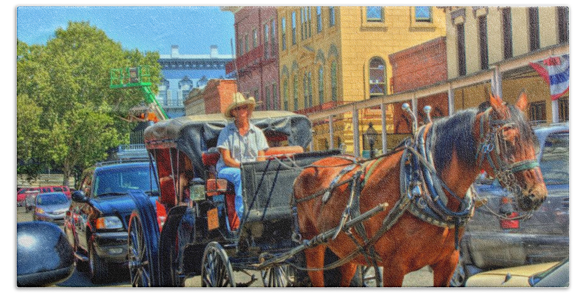 Hdr Beach Towel featuring the photograph Horse Drawn Carriage Ride by Randy Wehner